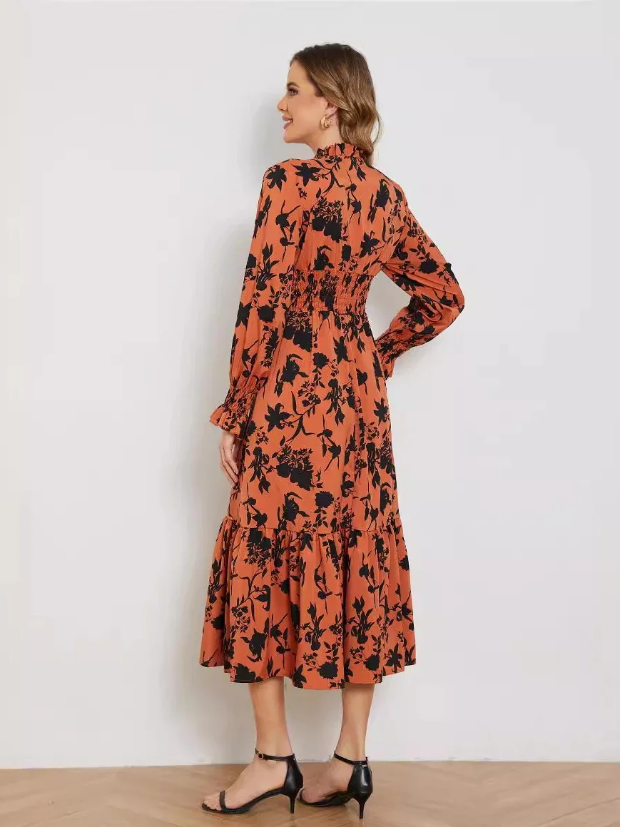 Vestido 원피스 V넥 긴 소매 꽃 원피스, 우아한 하이웨이스트 프록, 얇은 여성 의류, 여름 의상, Tienda Traf
