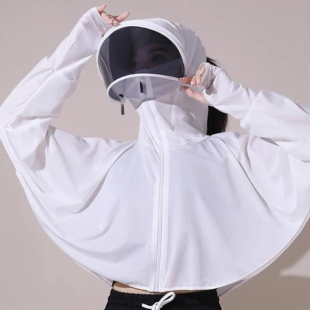 Summer Outdoor Ice Silk Sun Protection Quick Dry Jacket Skin Windbreaker Hooded Shade Mask UV Protection Coat Woman Clothing