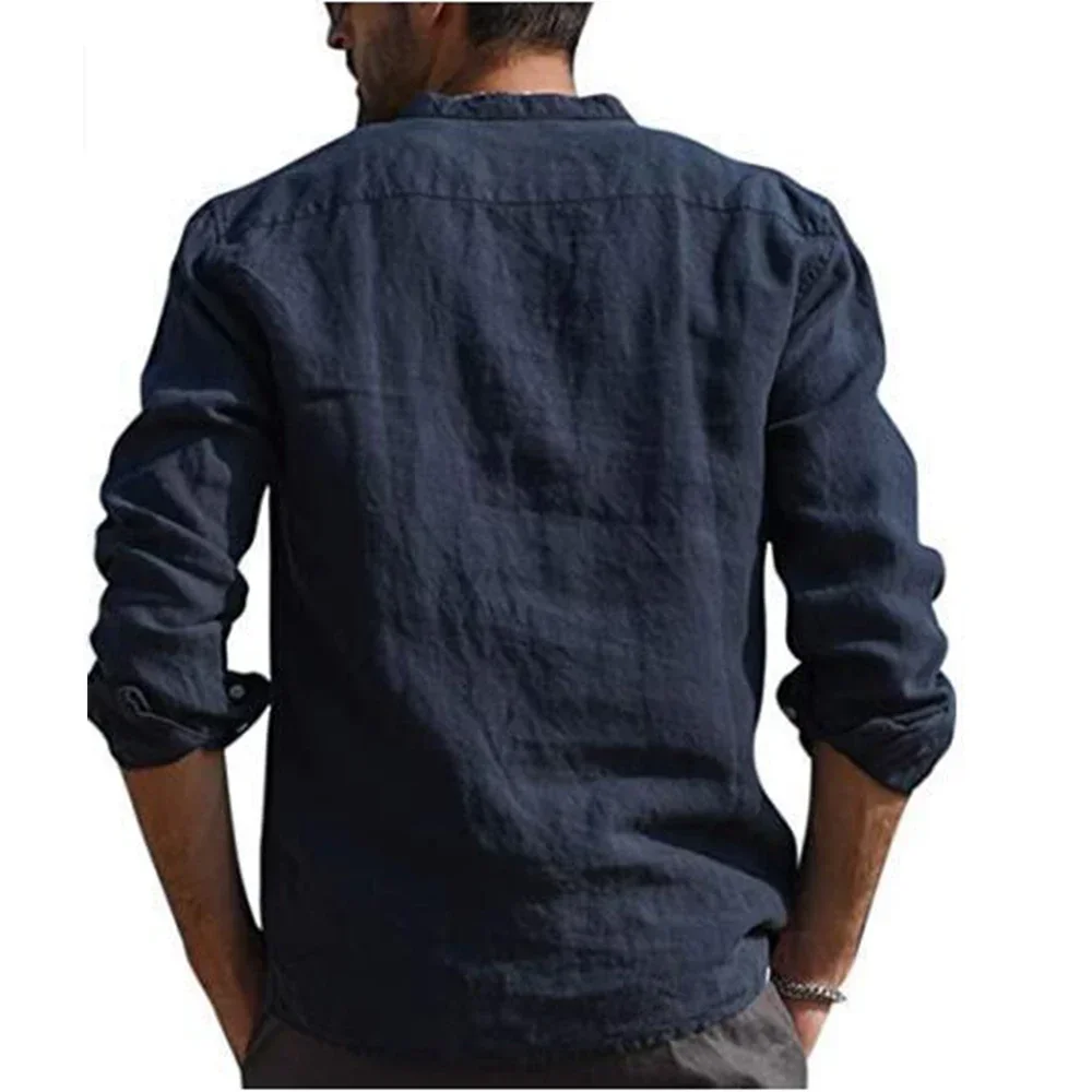 Cotton Linen Men's Long-Sleeved Shirts Summer Solid Color Stand-Up Collar Casual Beach Style Plus Size linen shirt cotton shirt