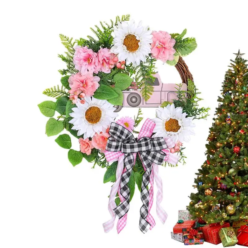 

Christmas Wreath Decoration Artificial Front Door Wreath Christmas Plaid Garland Pink Flower Winter Wreath Car Bows Farmhouse