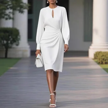 Abito longuette elegante a maniche lunghe da donna 2025 autunno inverno o-collo scava fuori abiti aderenti da festa casual 1