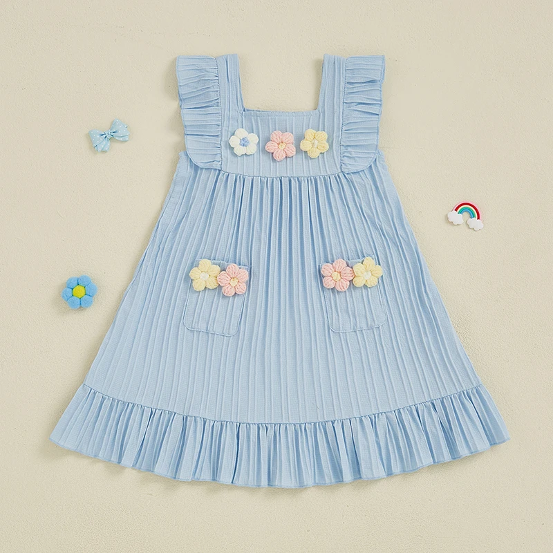 FOCUSNORM 0-5Y Princess Little Kids Girls Dress Flower Embroidery Fly Sleeve Ruffles Hem Casual Summer A-Line Dress