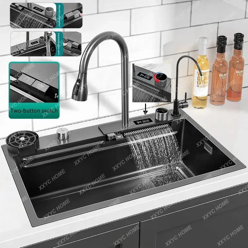 

Sink Stainless Steel Countertop Sink Multifunctional Digital Display Waterfall Sink Faucet With drainage system