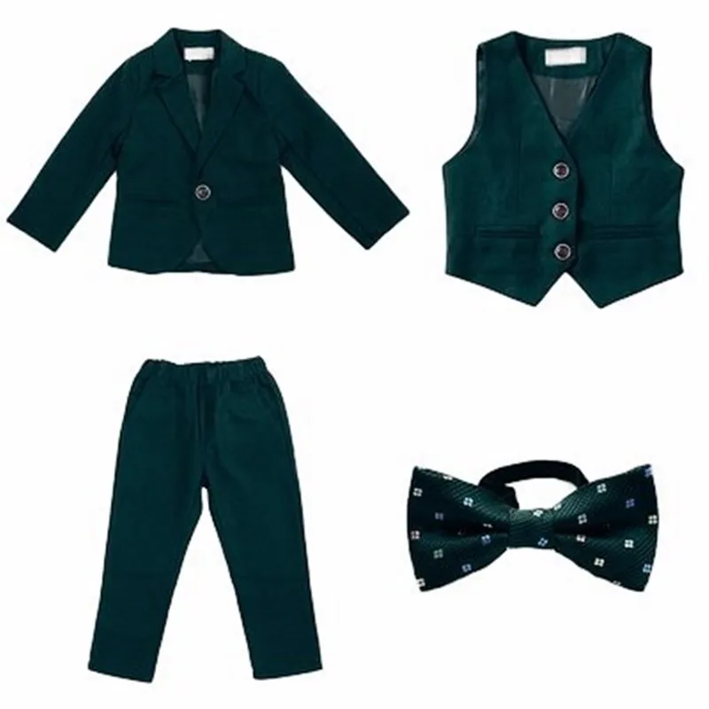 Boys Dark Green Formal Wedding Party Suit Children Blazer Vest Pants Tie 4 PCS Tuxedo Kids Performance Photography Dress Costume boys suit set