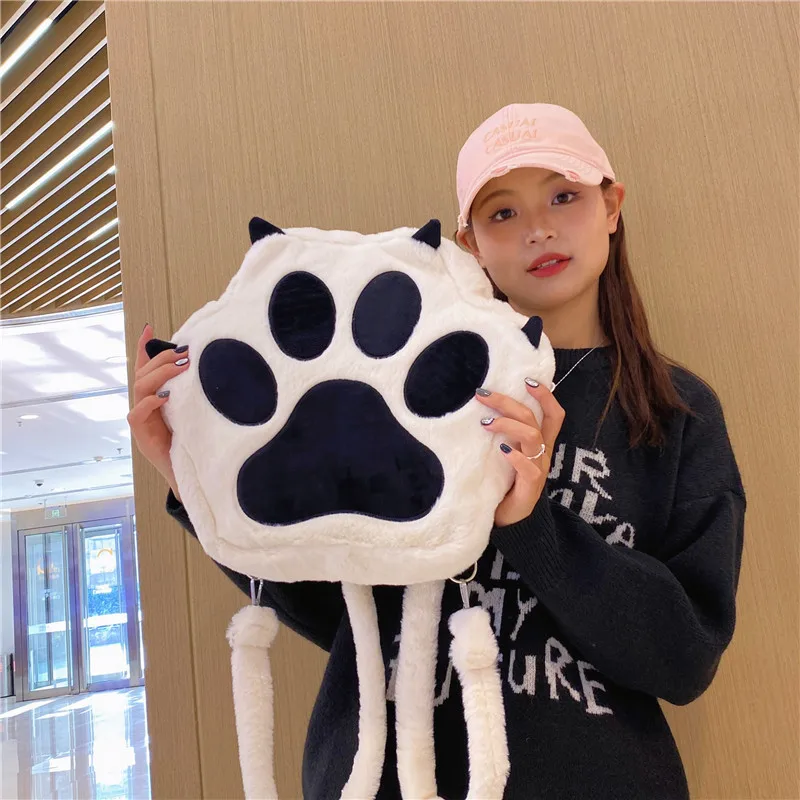 Fluffy Cat Paw Backpack for Girls 2024 New Personality Funny Student Book Bag Fashion Cartoon Cute School Crossbody Bags Woman