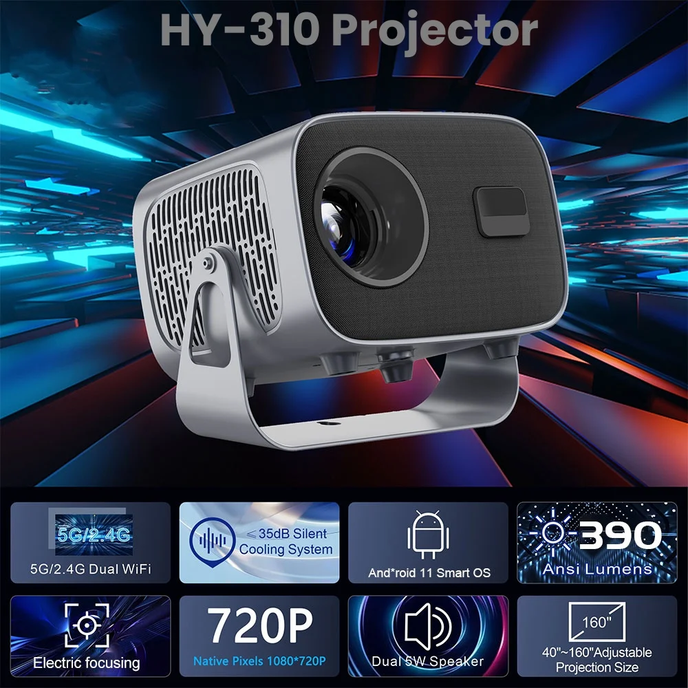 HY-310 Projector Android11 390ANSI BT 360&deg; Rotation 2.4G&5G Wifi 4K HDR Home Cinema Theater Outdoor Smart Portable Projector