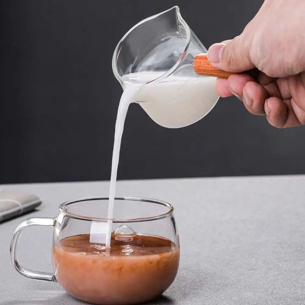 70/75ml Heat-resistant Measure Mug Milk Coffeware With Scale Wooden Handle Glass Ounce Cup Double-mouthed Drinkware
