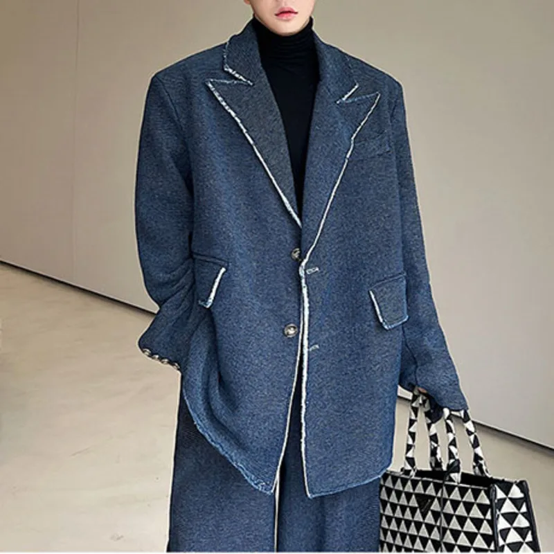 Autumn Men Blazers Denim Washed Raw Edge Shoulder Pad Long Sleeve Loose Suit Jackets Streetwear Fashion Versatile Casual Coats