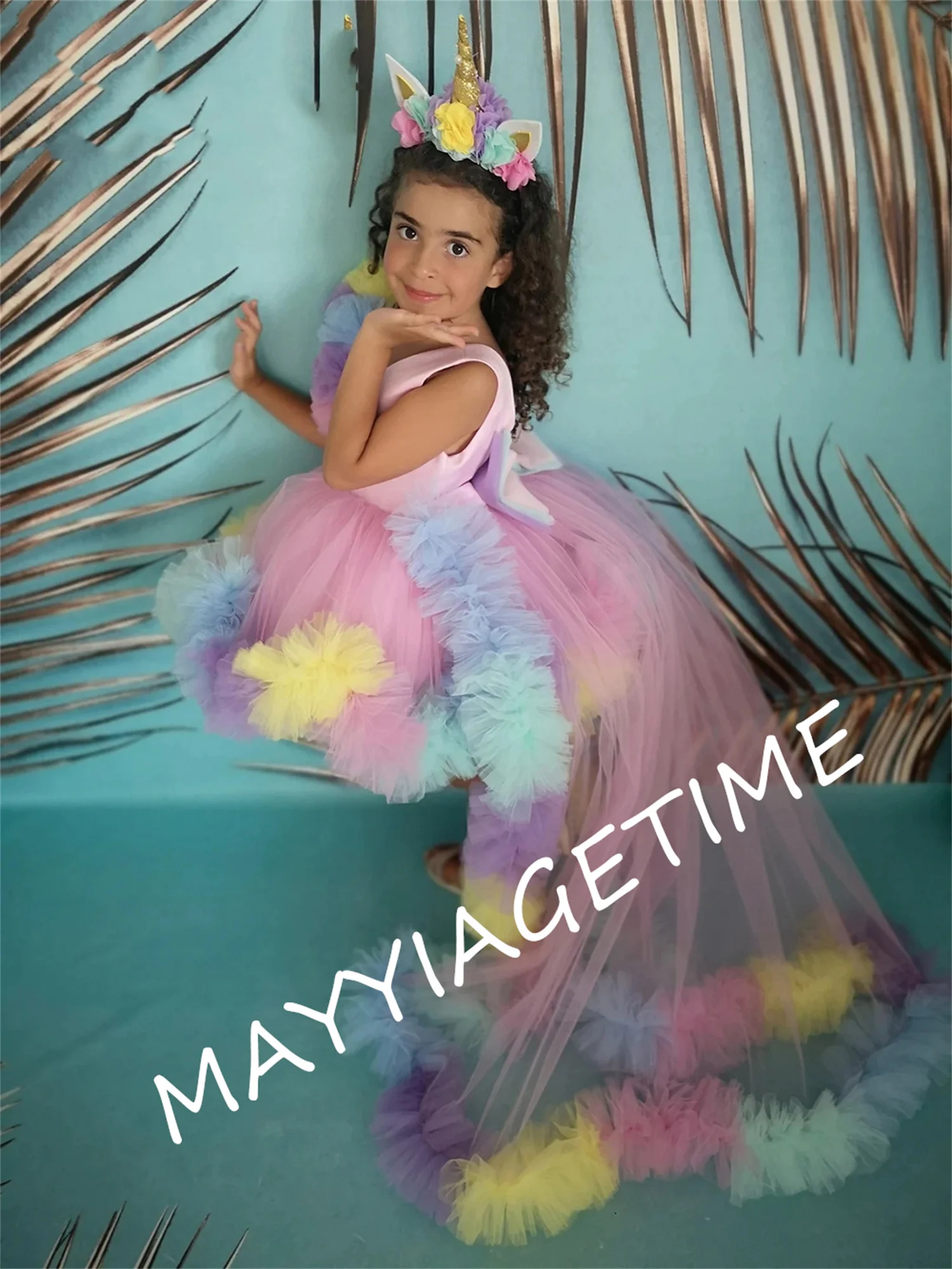 

Gardenwed Puffy Flower Girl Dress Colorful Girl Party Dress Colorful Kids Dance Dress Puffy High Low Train Dress Girl