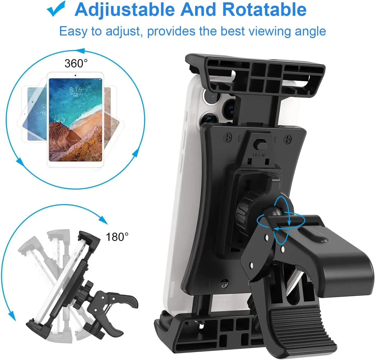 Exercise Bike Tablet Holder Treadmill Gym Microphone Tablet Mount Adjustable Bike Handlebar Bracket 4.7-12.9