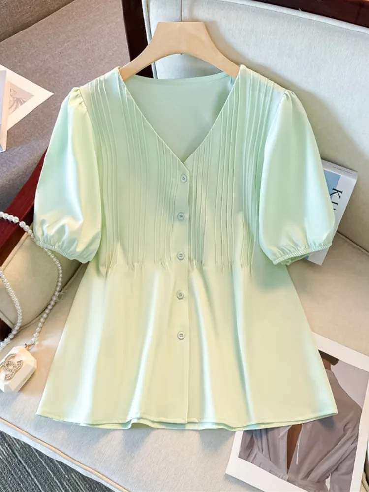 

Блузка женская Плиссированная, нишевая рубашка с коротким рукавом с буфами, однобортный Топ с V-образным вырезом, лето 2024