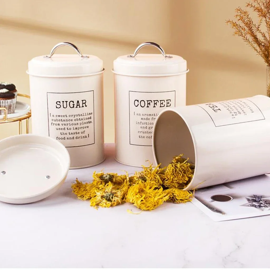 

Sets Tea Canister Coffee Storage Pot Jars Set 3 Sugar Bin Metal Kitchen Container Lid Of Farmhouse Decor