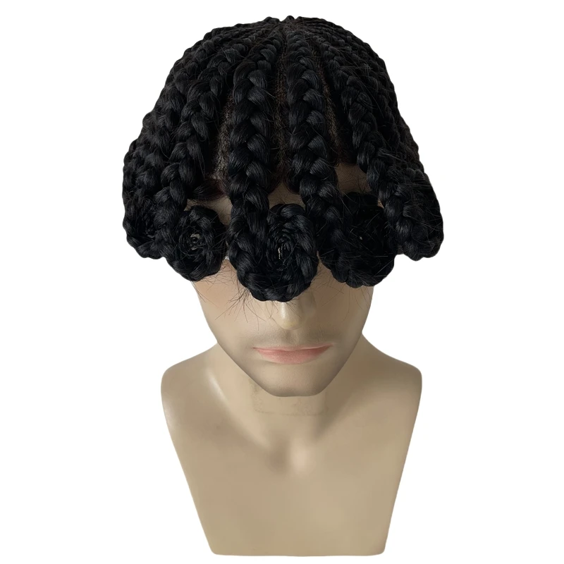 Mongolian Virgin Human Hair Hairpiece #1 Jet Black Cornrow Braids 8x10 VER Toupee Mono with Front Lace Unit for Black Men.