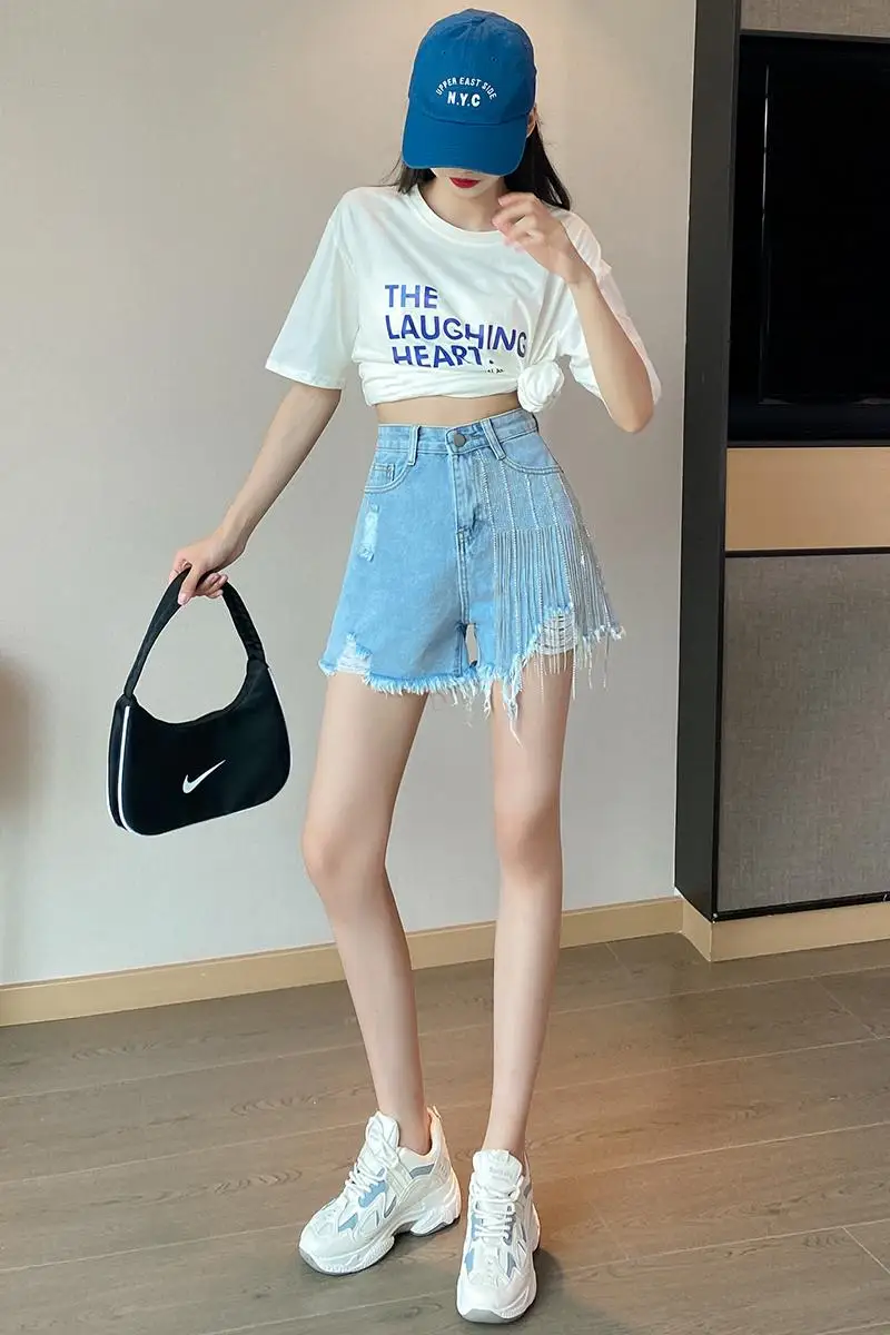 Fashion Tassel Denim Shorts Women's 2024 Summer High Waist Slimming Loose Wide Leg Denim Short Trousers Outerwear Nice Hot Pants