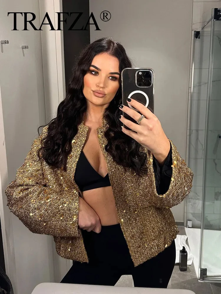 HH Women Fashion Gold Sequin Coat Casual Loose Stand Collar Long Sleeve Jacket Y2k Vintage Autumn Female High Street Outwear