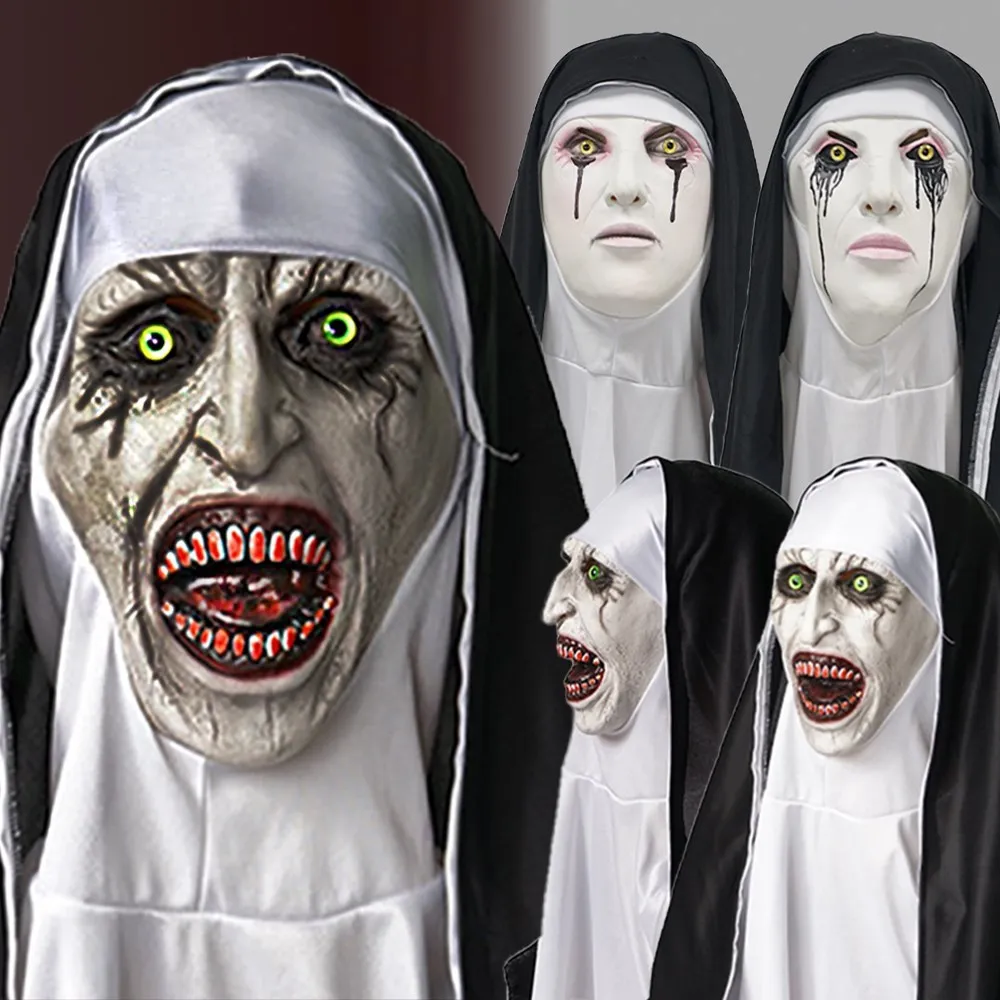 

Halloween Horror Nun Latex Mask Sister Headscarf Cosplay Scary Ghost Face Mask Headgear Headpiece Carnival Party Costume Props