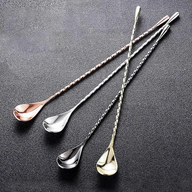 12pcs Cocktail Spoon Bar Spoon Stainless Steel Mixing Spiral Pattern Bar Teadrop Barware