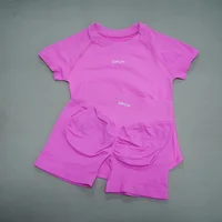 DFDK Ensemble de survêtement athlétique sans couture 2 pièces, haut à manches courtes très extensible, short de course, tenue de sport pour femme, gym, yoga, entraînement 5