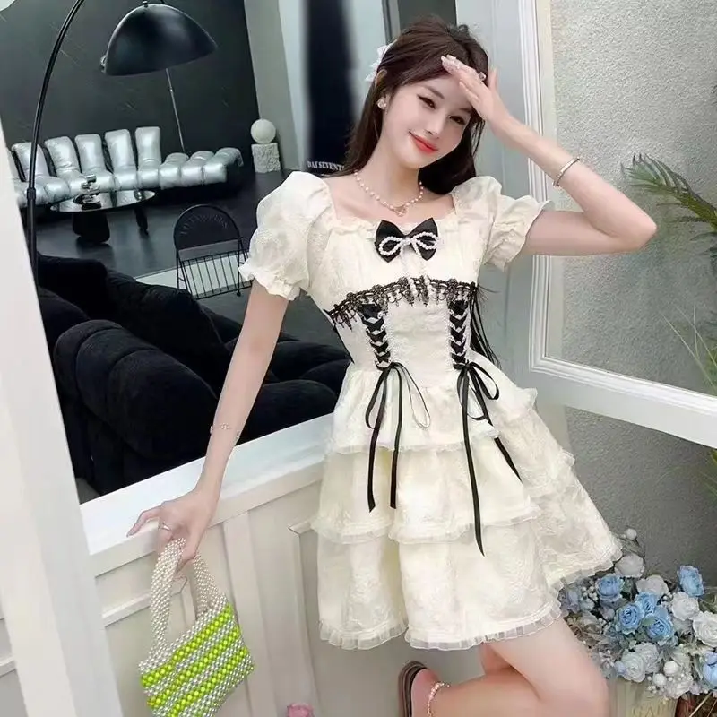 

Summer Korean Fashion Elegant Fairy Dress Women Sweet Bow Square Collar Princess Kawaii Party Mini Dress Slim Bandage Cute Dress