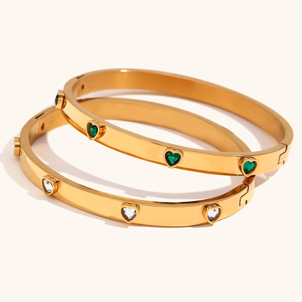 La.Muses Sweet Romantic Green Clear Heart Zircon Can Be Opened Premium 18K Gold Plated Stainless Steel Bangles For Women Jewelry 2