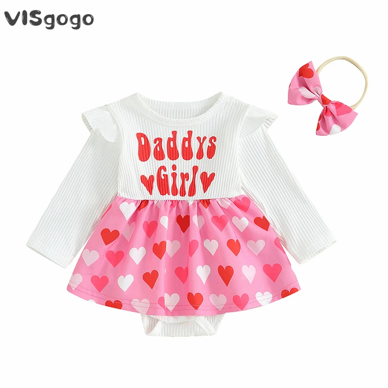 

VISgogo Baby Girls Romper Dress Valentine's Day Outfit Long Sleeve Crew Neck Heart Letter Print Rompers with Headband 2pcs
