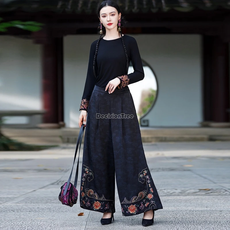 chinese national style embroidery wide leg pants women casual straight pants loose retro style elastic waist t001