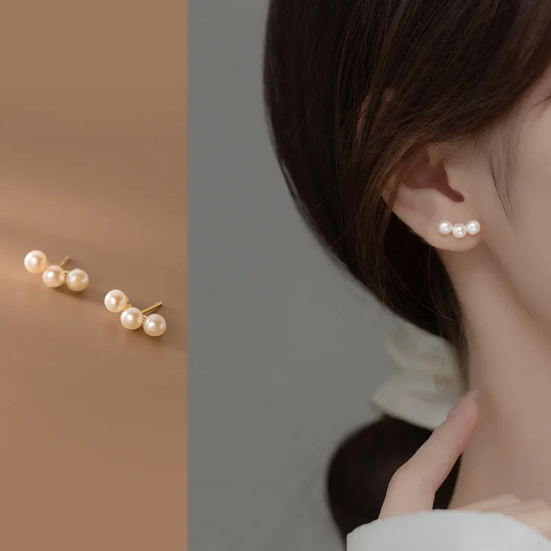 

Genuine 925 Sterling Silver Cute Three Pearls Stud Earrings for Women Girls