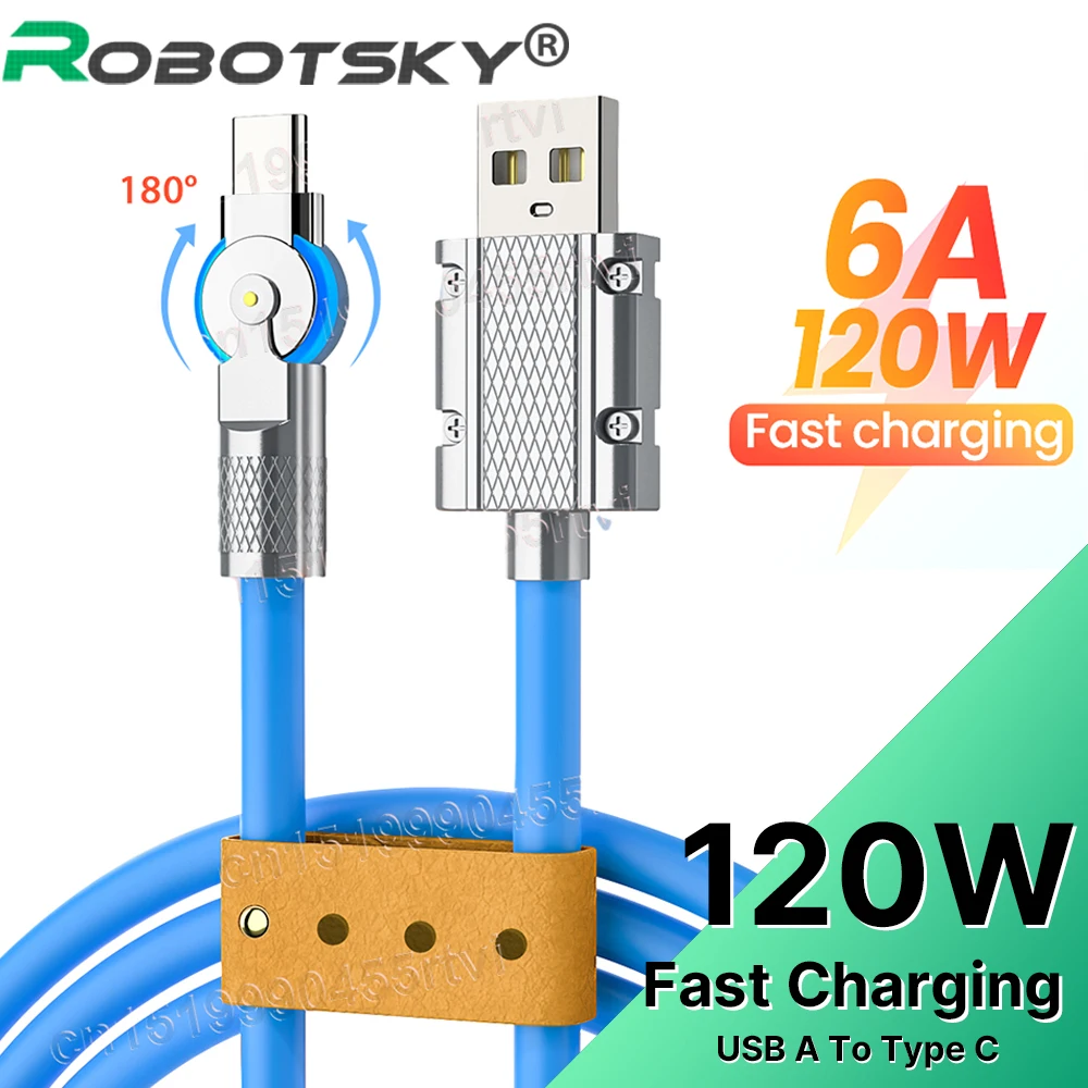 

180° Rotation Cable 120W Fast Charging USB A to Type C Cable For Xiaomi Huawei Samsung Liquid Silicone 6A Type C Charger Cord