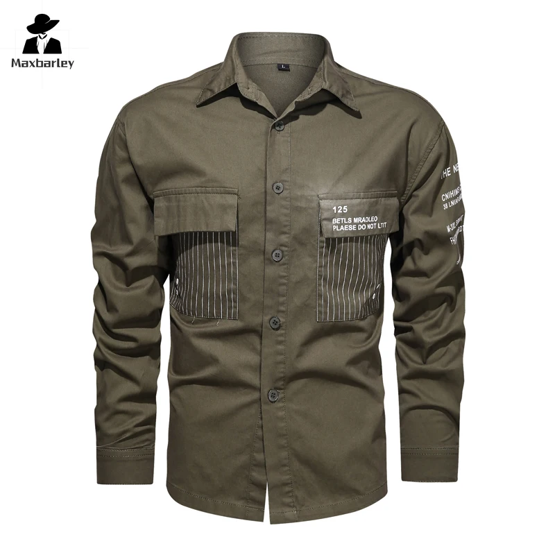 Autumn Men's Shirt Fashion Long Sleeve Multi-Pocket Single-breasted Coat Printed Casual Outdoor High Street Men's Denim Shirt