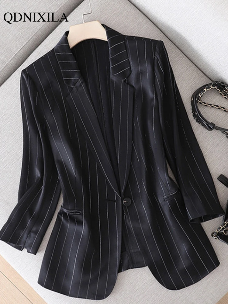 2023 Summer New Japanese Fashion Shiny Acetate Satin Small Women's Blazers Jacket Elegant Designer Slim Saggy Silky Ladies Suit