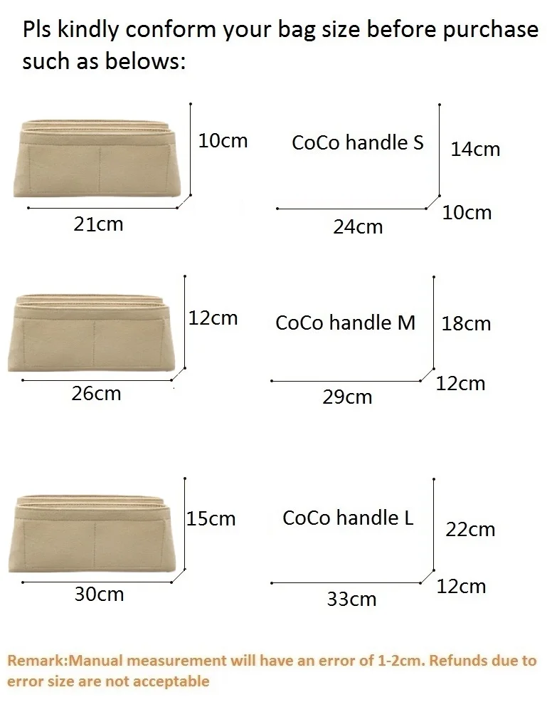 Handbag organizer Firs For CoCo handle S M L felt insert bags makeup travel inner purse shaper