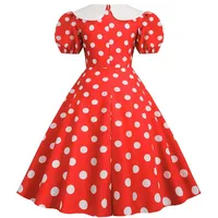 Elegant Women Summer Dress Puff Short Sleeve Polka Dot Peter pan Collar Vintage A-line Midi Long Party Sundress - Image 2