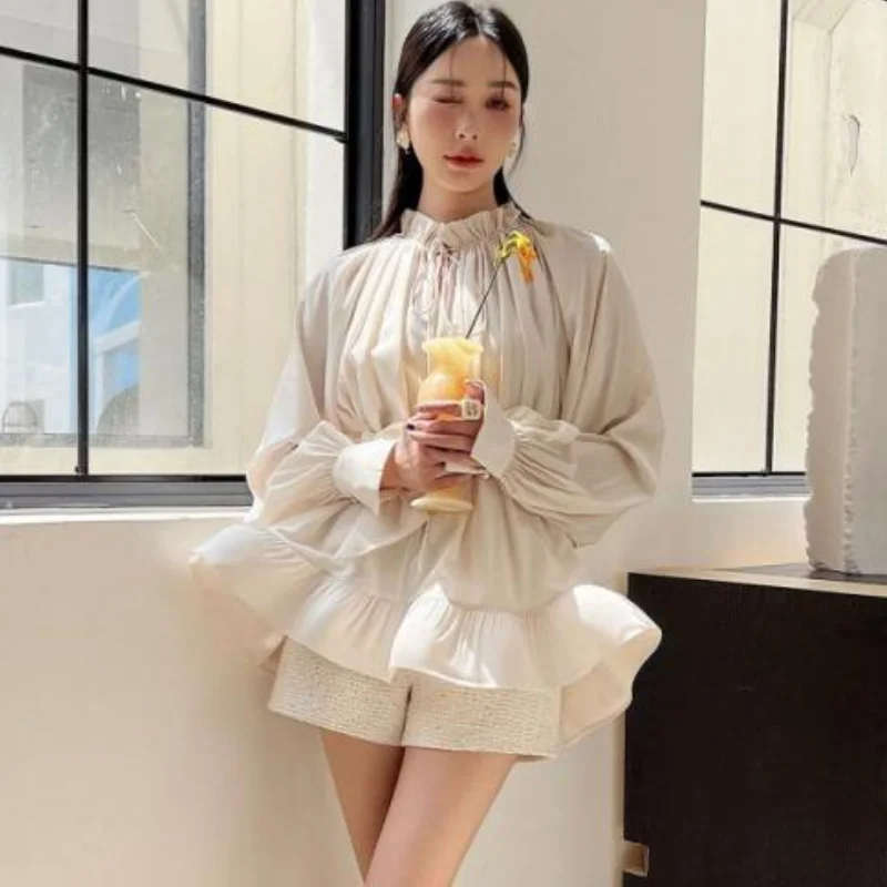 

Brand Design Waistband Belt Style Women White Pullover Shirts Large Ruffles Loose Tops Lanter Sleeve Stand Collar Blouses