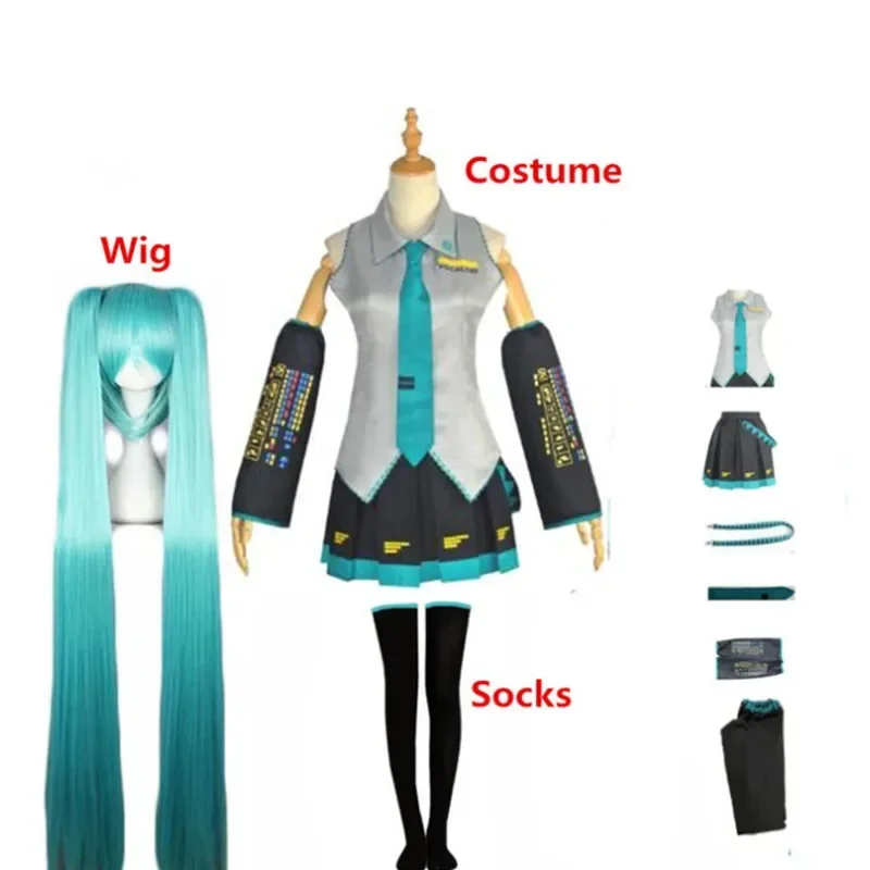 

Miku anime cosplay Japan midi dress female outfits for girl Halloween New Year party suits wig