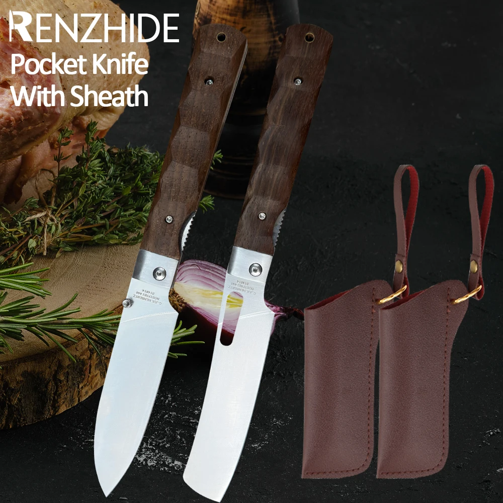 RZD Pocket Foliding Knife Stainless Steel 440a Cooking Kitchen Chef Camping Travel Climb Paring Tool Knife Sheath Cover kitchen knives multifunctional folding knife