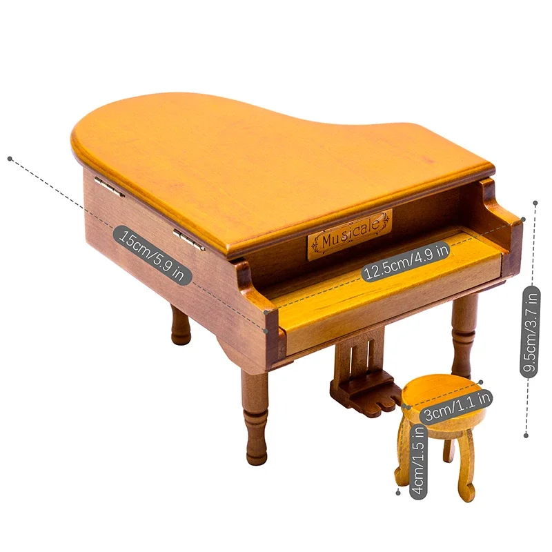 Birch Piano Music Box with Round stool and Jewelry storage for Christmas/Birthday/Valentine's Day, Tone: CANON