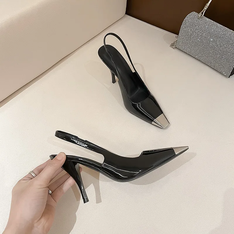 

2023 Spring New Women's Sandals Black Square Toe One Word Belt Sexy High Heels Sandals All-match Shoes
