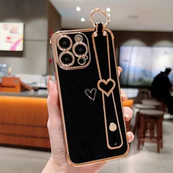 Elegant Love Heart Silicone Case with Wrist Strap - Fashion Plating Design and Soft Protective Cover - iPhone 14 Pro Max (Black)