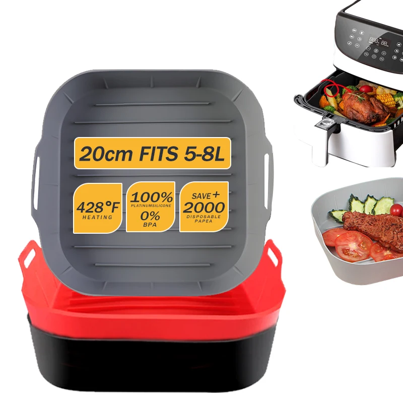 20CM Air Fryer Silicone Mold Square Air Fryer Accessories for COSORI 5.5L 4.7L Cecotec 6L 5.5L Reusable Accessories air fryer liners air fryer accessories air fryer baking tray air fryer silicone tray air fryer mold