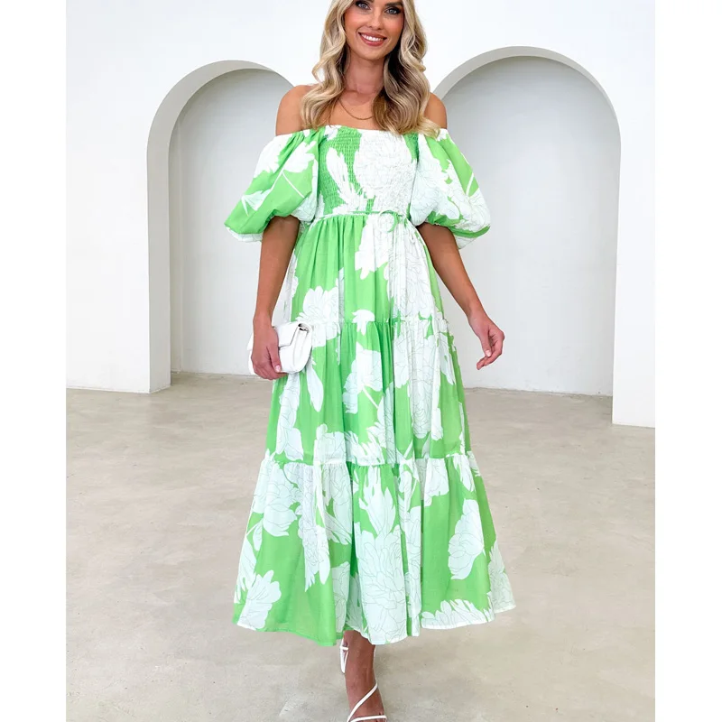 

2024 Spring Summer Women's Boho Floral Print Dress Puff Sleeve Slash Neck Off Shoulders A Line Long Dresses