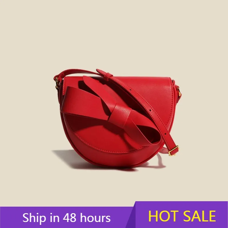 

SC Niche Design Women Saddle Bag Genuine Leather Fashion Cute Bow Flap Cover Messenger Shoulder Handbags Elegant Small Purses