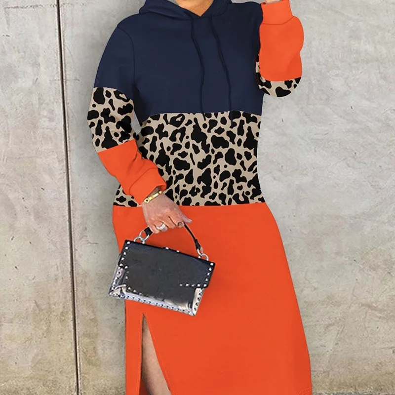 

2024 Spring Autumn New Women's Clothing Leopard Splicing Contrast Color Hooded Sweater Dress