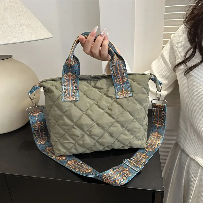 Women Wide Shoulder Belt Handbag Fall/Winter Rhombus Space Cotton Shoulder Bag Large Capacity All-Match Shopping Tote Bag shoulder bag,ladies handbag
