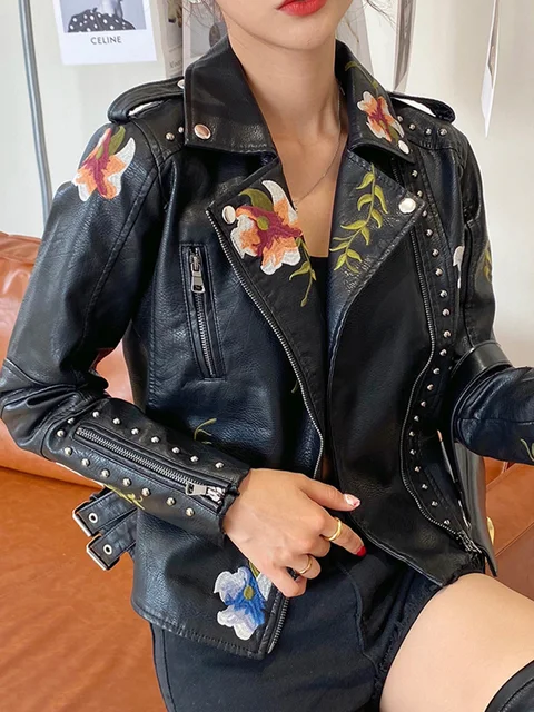 Women Vintage Floral Print Embroidery Faux Leather Jacket