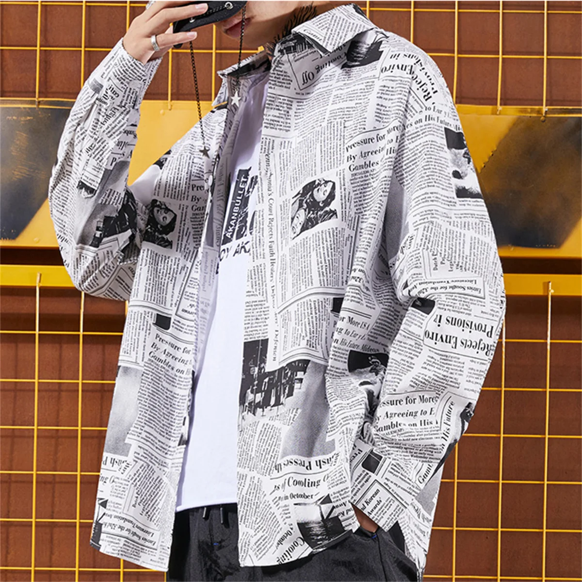 Cool Newspaper Shirts Men Fashion Hip Hop Loose Shirt Streetwear Long Sleeve Casual Summer Shirts Funny Ulzzang High Street Tops 2