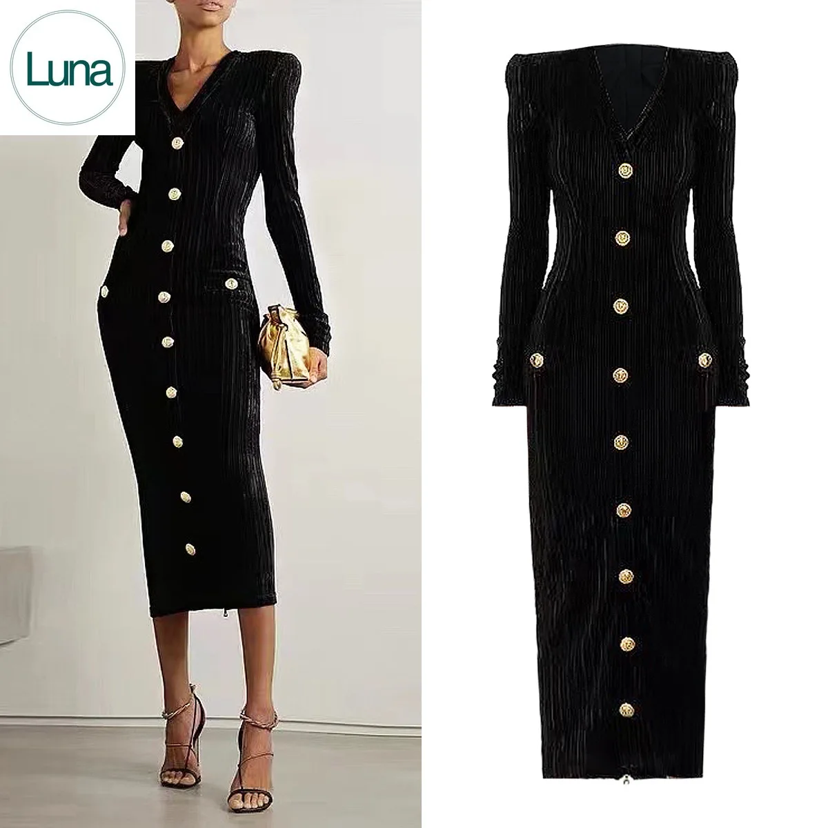 

2023 Spring and Autumn New Celebrity Style Velvet Long Sleeve Slim Fit Dress with Zipper Back Skirt
