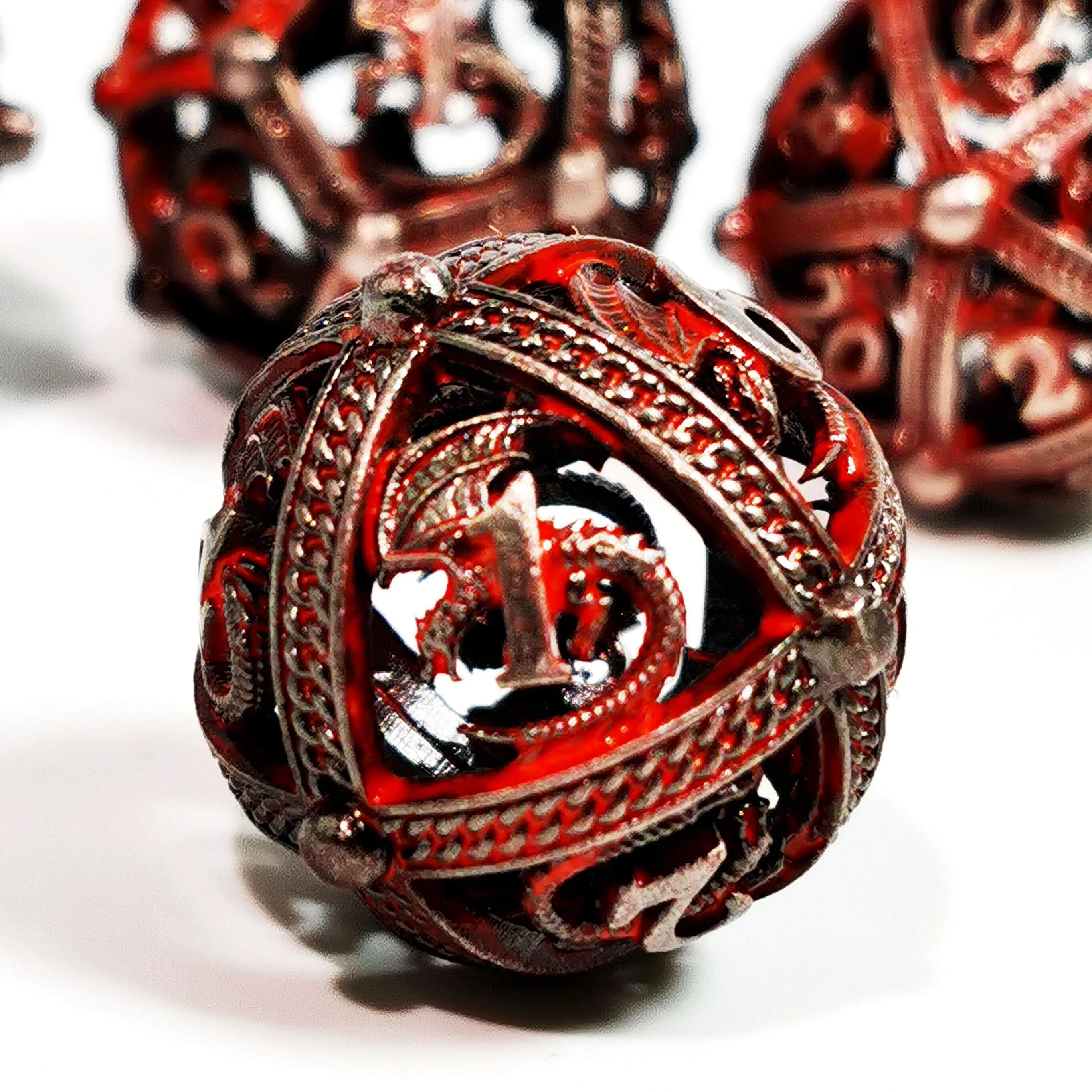 DnD Dice Set - 7 Piece Zinc Alloy Metal Hollow Dice, Red Pattern for RPG & Tabletop Games 4