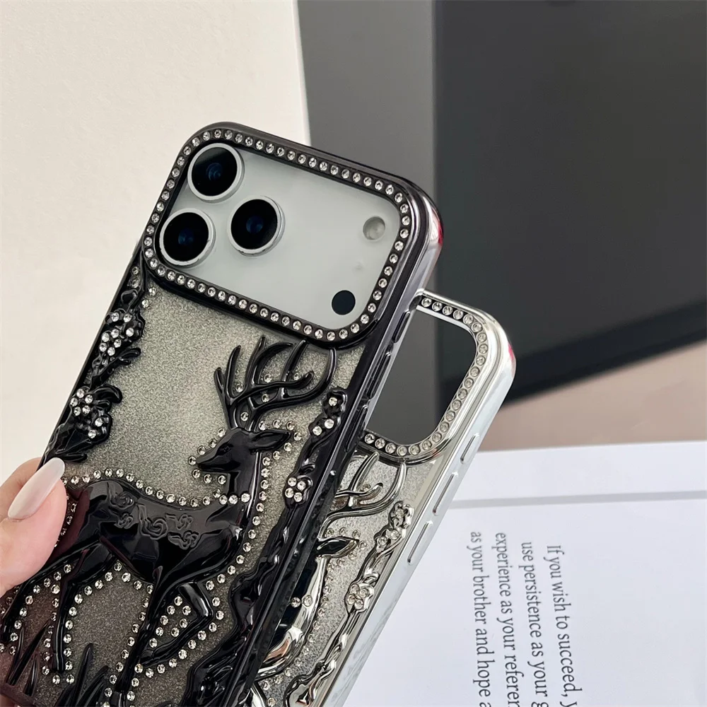 Glitter Rhinestone Deer Phone Case with Full Screen Protection and Soft Plating Armor Design