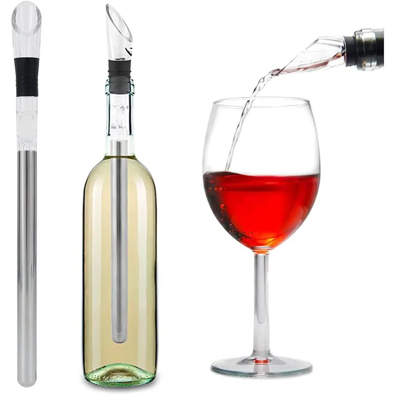 Stainless Steel Ice Wine Stick Wine Bottle Chiller Stick with Pourer & Aerator 3 in 1 Cooler Stick Set