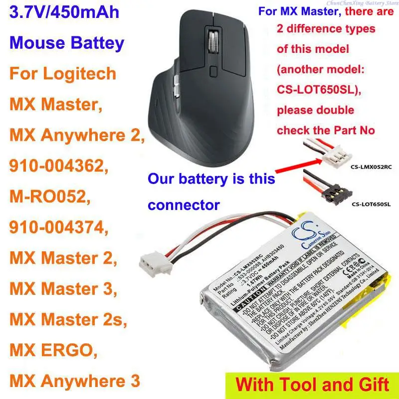 Batteria Orangeyu 450Mah Per Logitech M-Ro052, Mx Anywhere 2, Mx Master, Mx Master 2, Mx Master 2S, Mx Master 3,Mx Anywhere 3